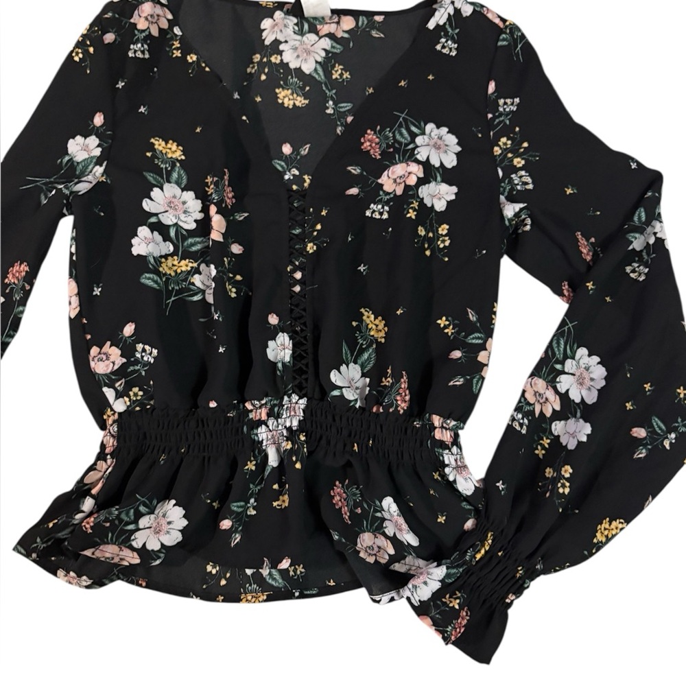 Divided Floral Black Blouse Size 2